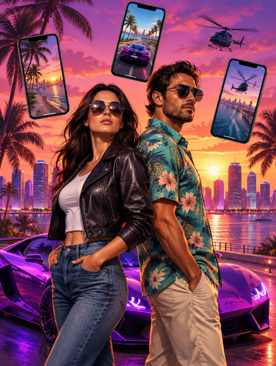 Ilustración estilo videojuego: dos personajes frente a un atardecer neón con auto deportivo, celulares con videos y dinero